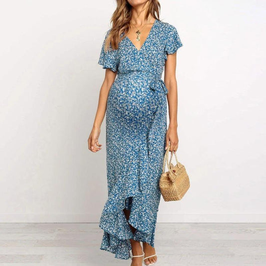 Maternity Fashion V-neck Floral Tie Ruffle Dress - dianjiang-