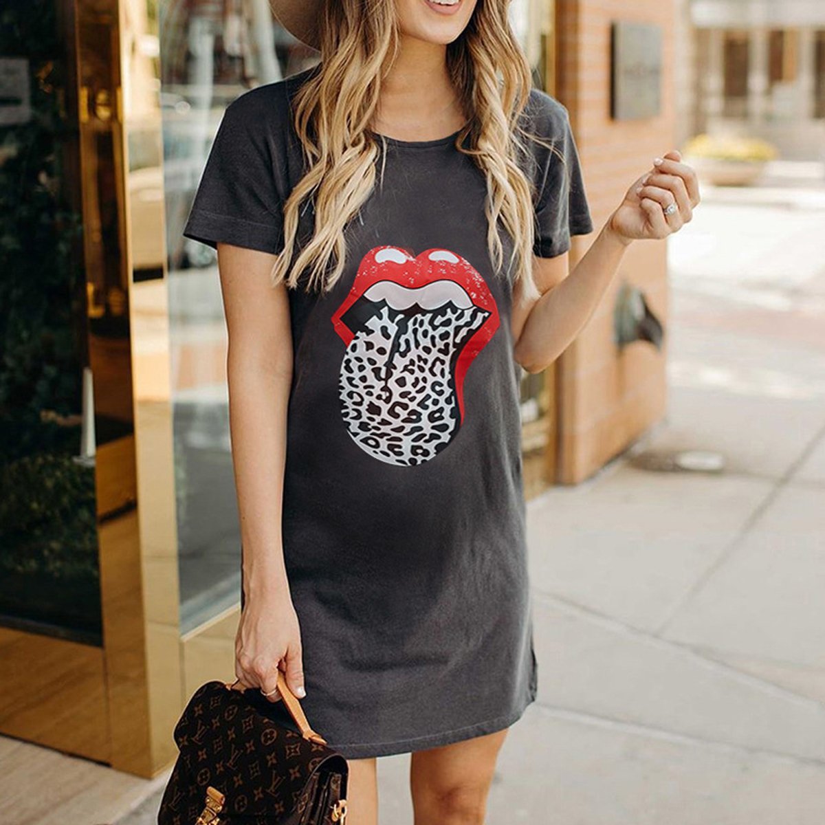 Maternity Round Neck Lip Leopard Print Loose Short Sleeve Dress - dianjiang-