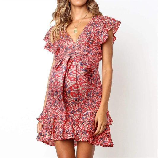 Maternity Sweet V-Neck Printed Color Ruffled Ruched Dress - dianjiang-