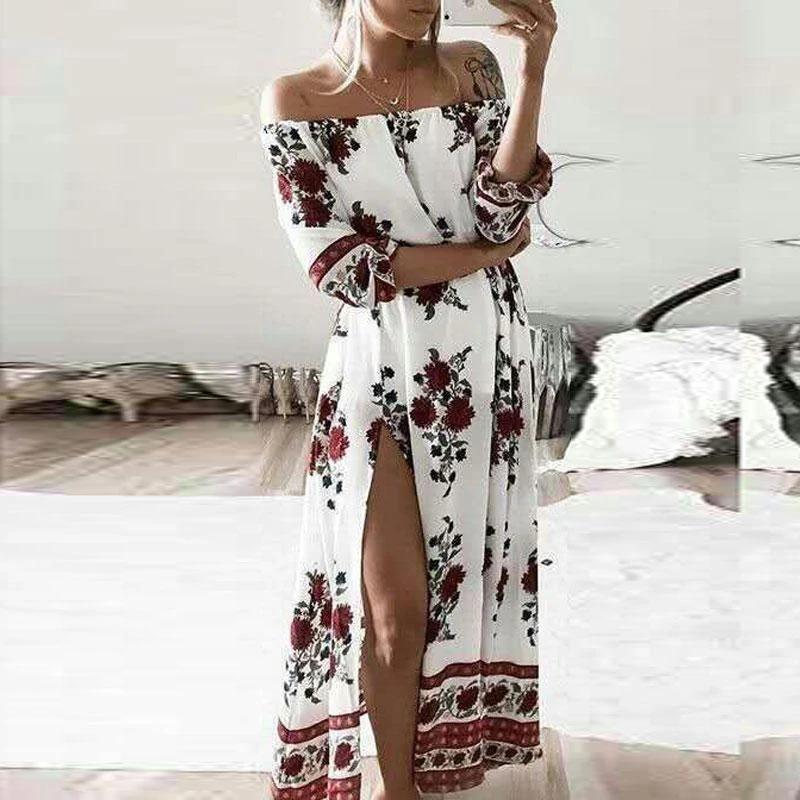 Maternity Stylish One-Shoulder High Slit Print Dress - dianjiang-