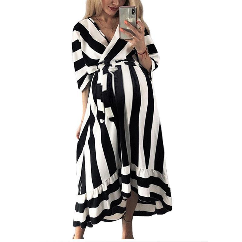 Maternity Surplice Stripe Loose Casual Dress - dianjiang-