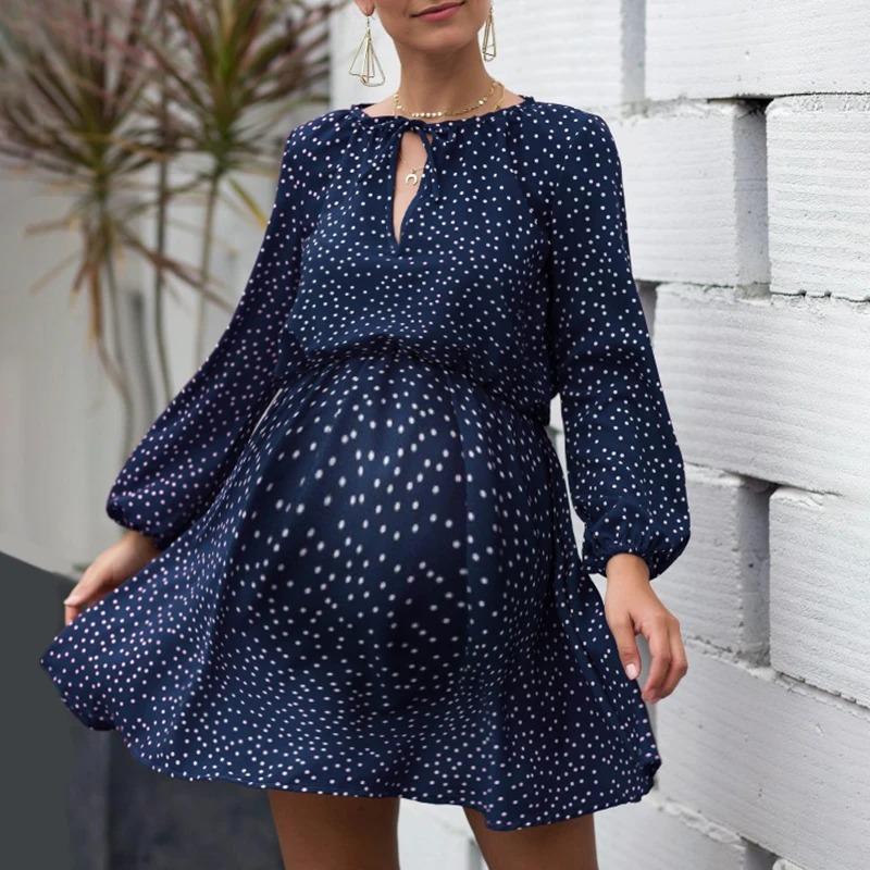 Maternity V-Neck Long-Sleeve Dot Printing Dress - dianjiang-