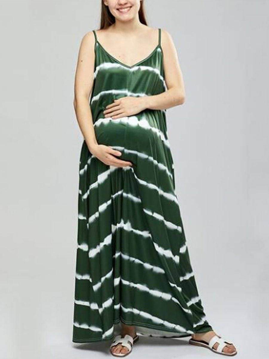 Striped V-Neck Sling Maternity Dress - dianjiang-