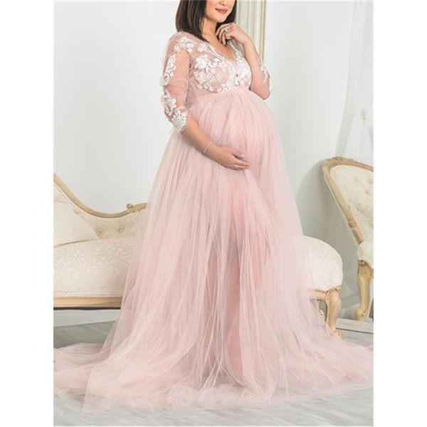 Maternity Elegant V-neck Stitching Mesh Gown Pink Dress - dianjiang-