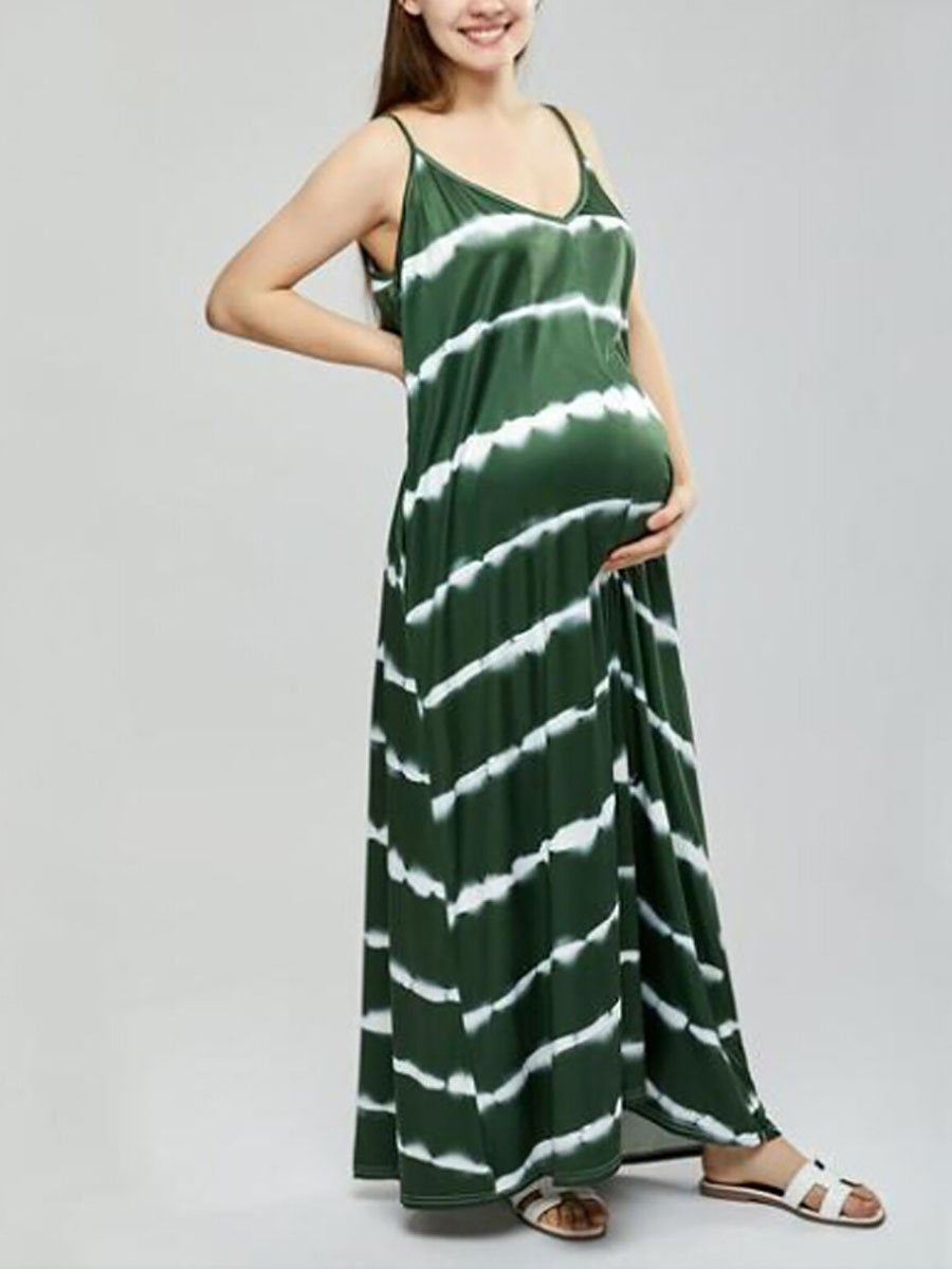 Striped V-Neck Sling Maternity Dress - dianjiang-