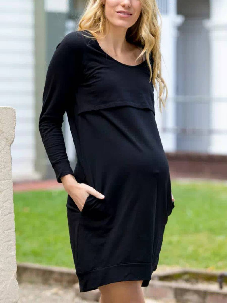 Round Neck Long Sleeve Maternity Dress - dianjiang-