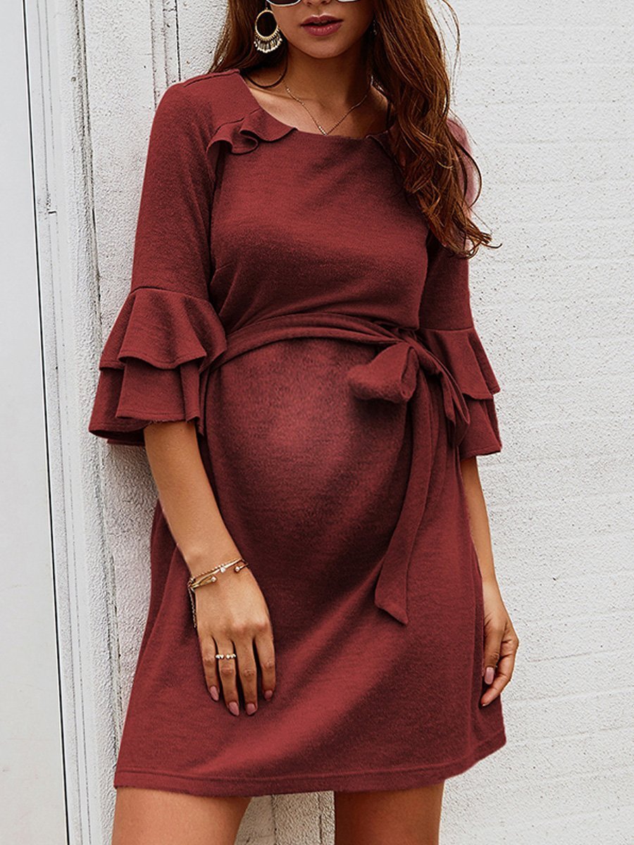 Maternity Pure Color Round Neck Flounce Three-Quarter Sleeve Dress - dianjiang-