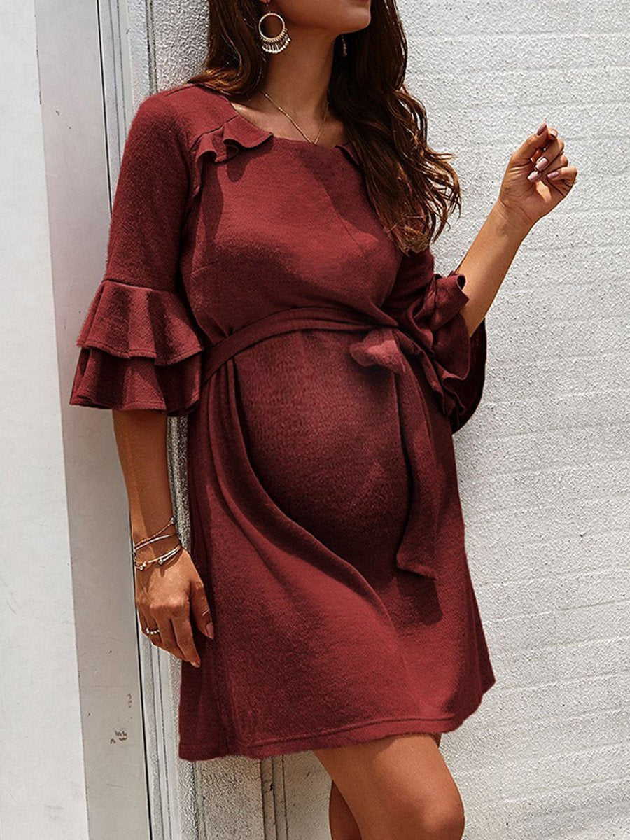 Maternity Pure Color Round Neck Flounce Three-Quarter Sleeve Dress - dianjiang-