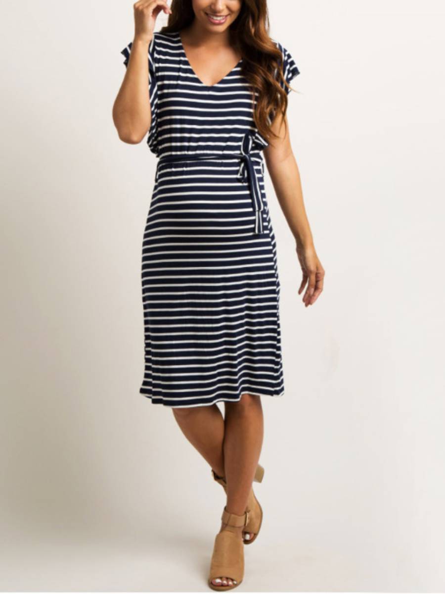 Maternity Knitted Striped V-Neck Midi Dress - dianjiang-