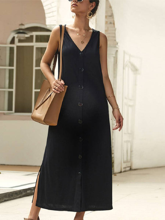 Maternity V Neck SingleBreasted Slit Dress - dianjiang-