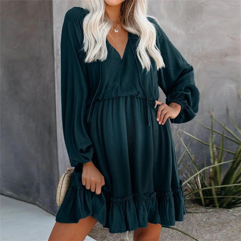 Maternity V-Neck Splicing Ruffle Lantern Sleeve Short Dress - dianjiang-