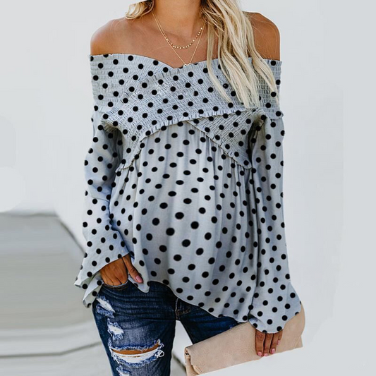 Maternity Sexy V-Neck Shoulder Polka Dot Print T-Shirt - dianjiang-