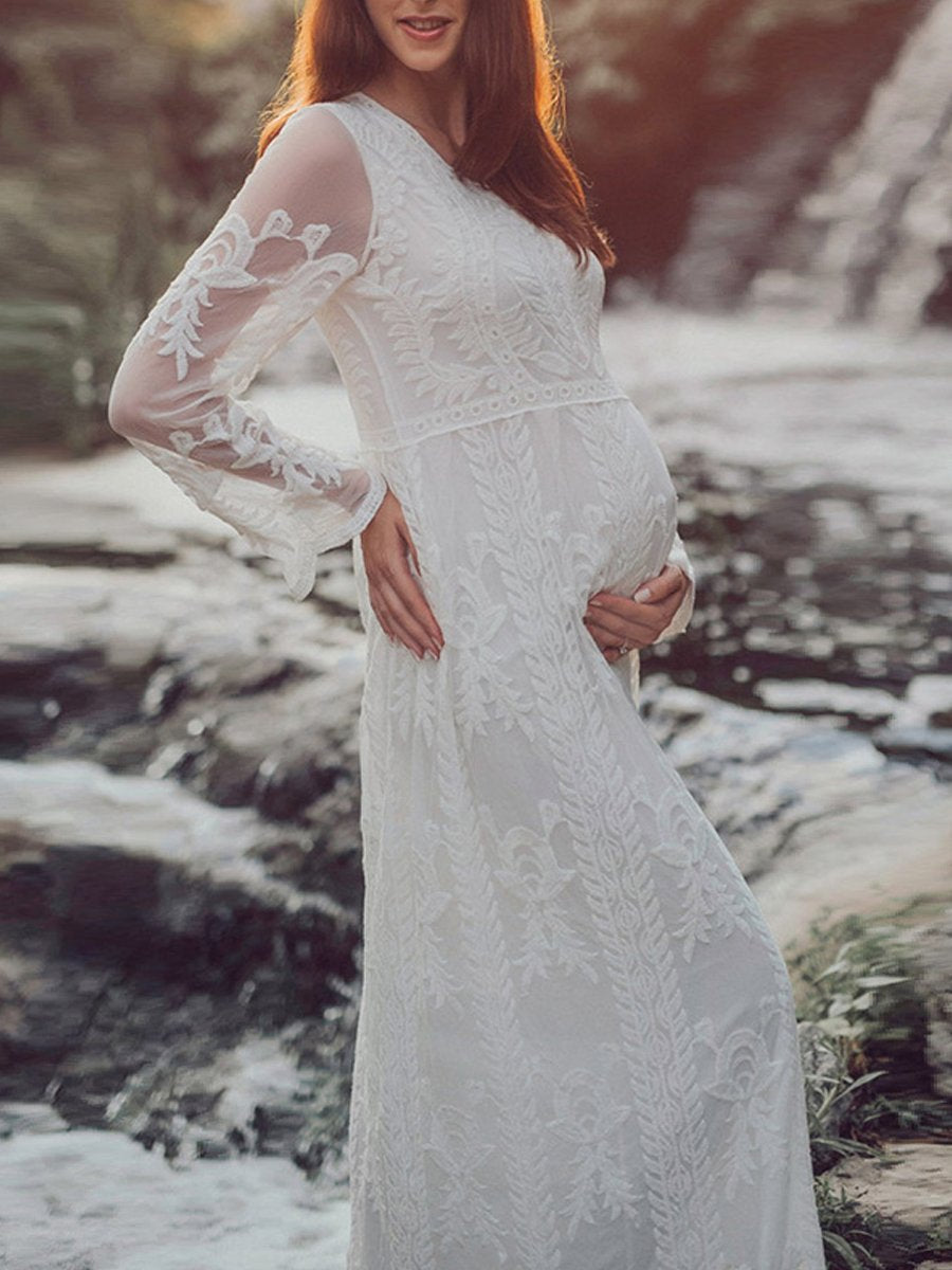 Maternity White Crochet Lace Photographic Long Dress - dianjiang-