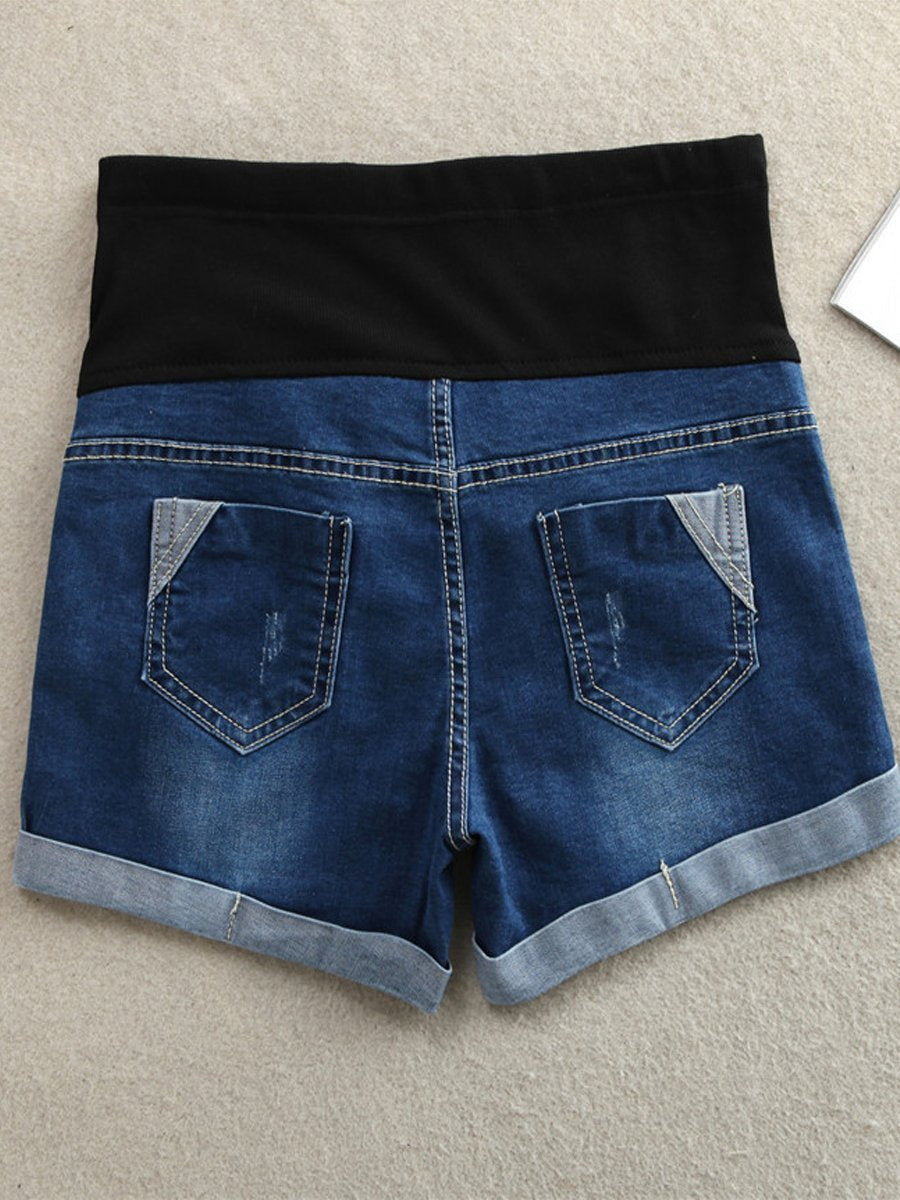 Maternity Fashion Rolled Stretch Denim Shorts - dianjiang-