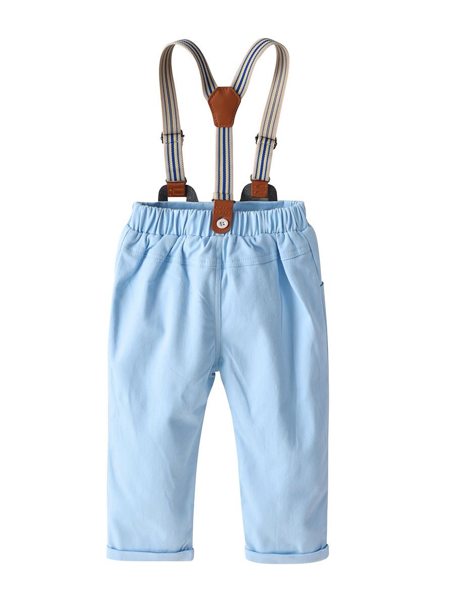 4 PCS Gentleman Style Set Bowtie Flower Print Romper Shirt and Adjustable Shoulder Straps Light Blue Overalls - dianjiang-