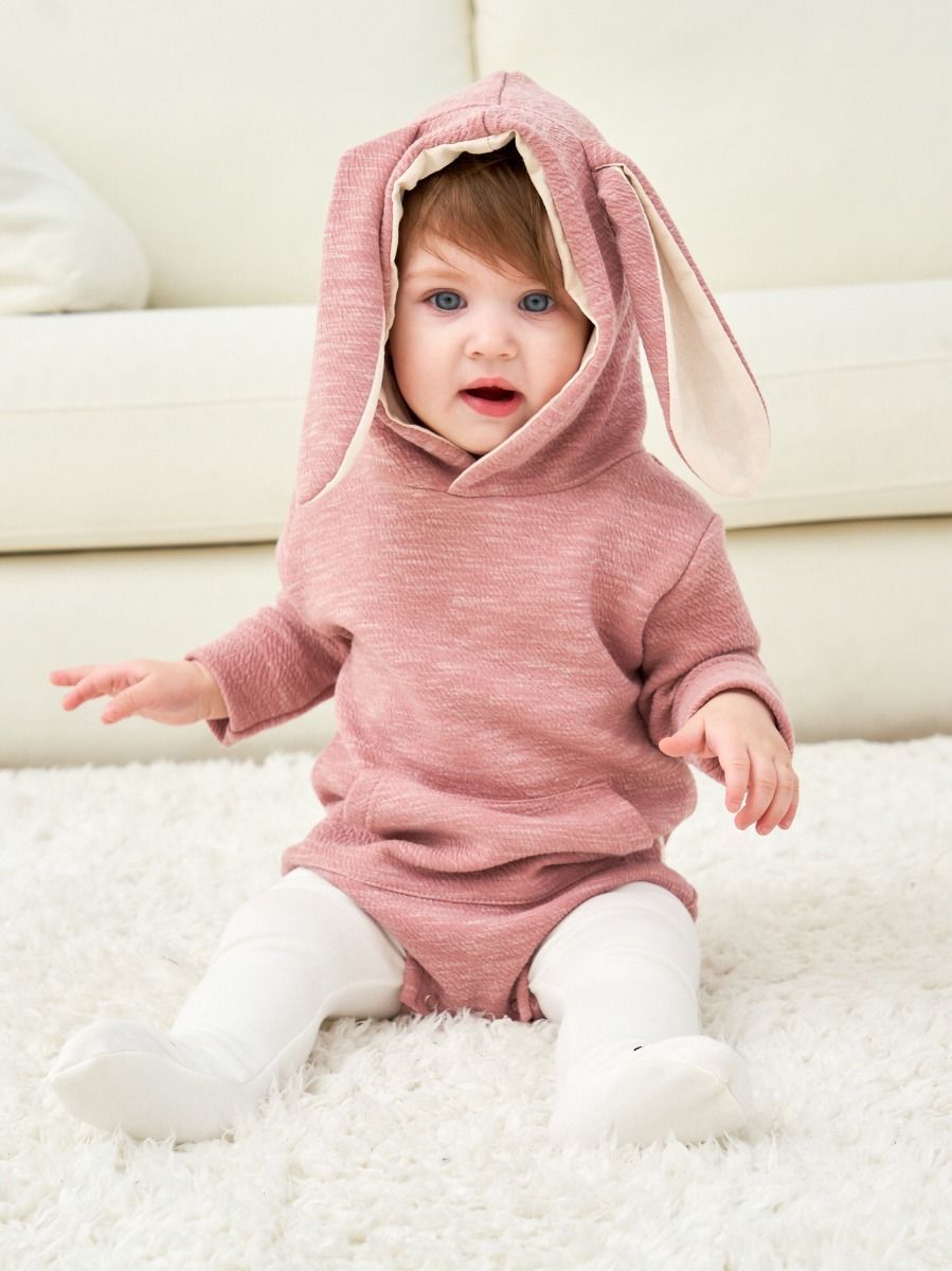 Adorable Baby Bunny Ear Solid Color Hooded Onesie - dianjiang-