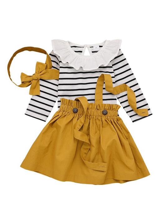 Autumn 3-Piece Baby Girl Striped Romper+Jumper Skirt+Headband - dianjiang-