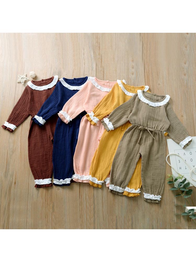 Autumn Multi-colored Ruffled Tie-waist Muslin Baby Girls Jumpsuit - dianjiang-