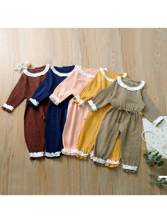 Autumn Multi-colored Ruffled Tie-waist Muslin Baby Girls Jumpsuit - dianjiang-