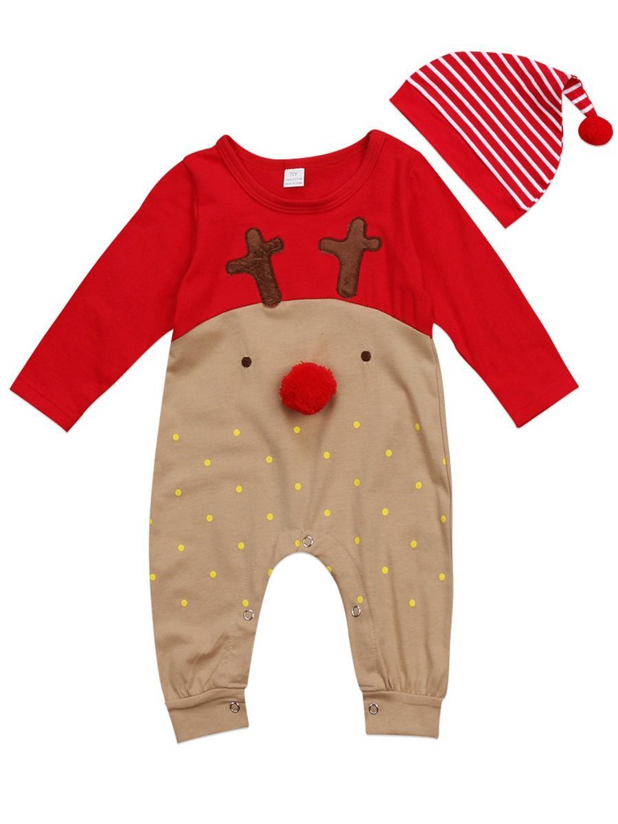 Baby 2-Piece XMAS Deer Style Jumpsuit Matching Hat - dianjiang-