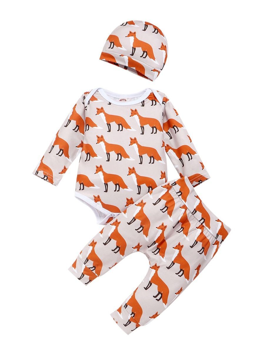 Baby 3-Piece Outfits Goat & Fox Printed Bodysuit+Pants+Hat - dianjiang-