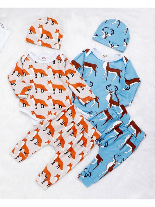 Baby 3-Piece Outfits Goat & Fox Printed Bodysuit+Pants+Hat - dianjiang-