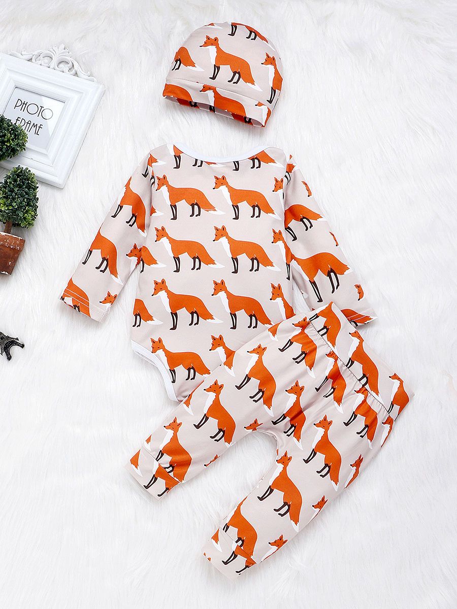 Baby 3-Piece Outfits Goat & Fox Printed Bodysuit+Pants+Hat - dianjiang-