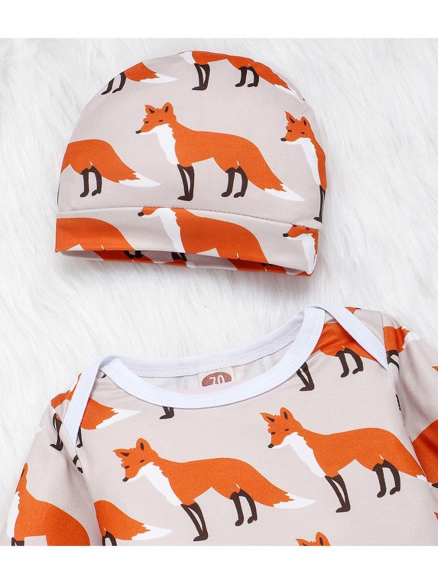 Baby 3-Piece Outfits Goat & Fox Printed Bodysuit+Pants+Hat - dianjiang-