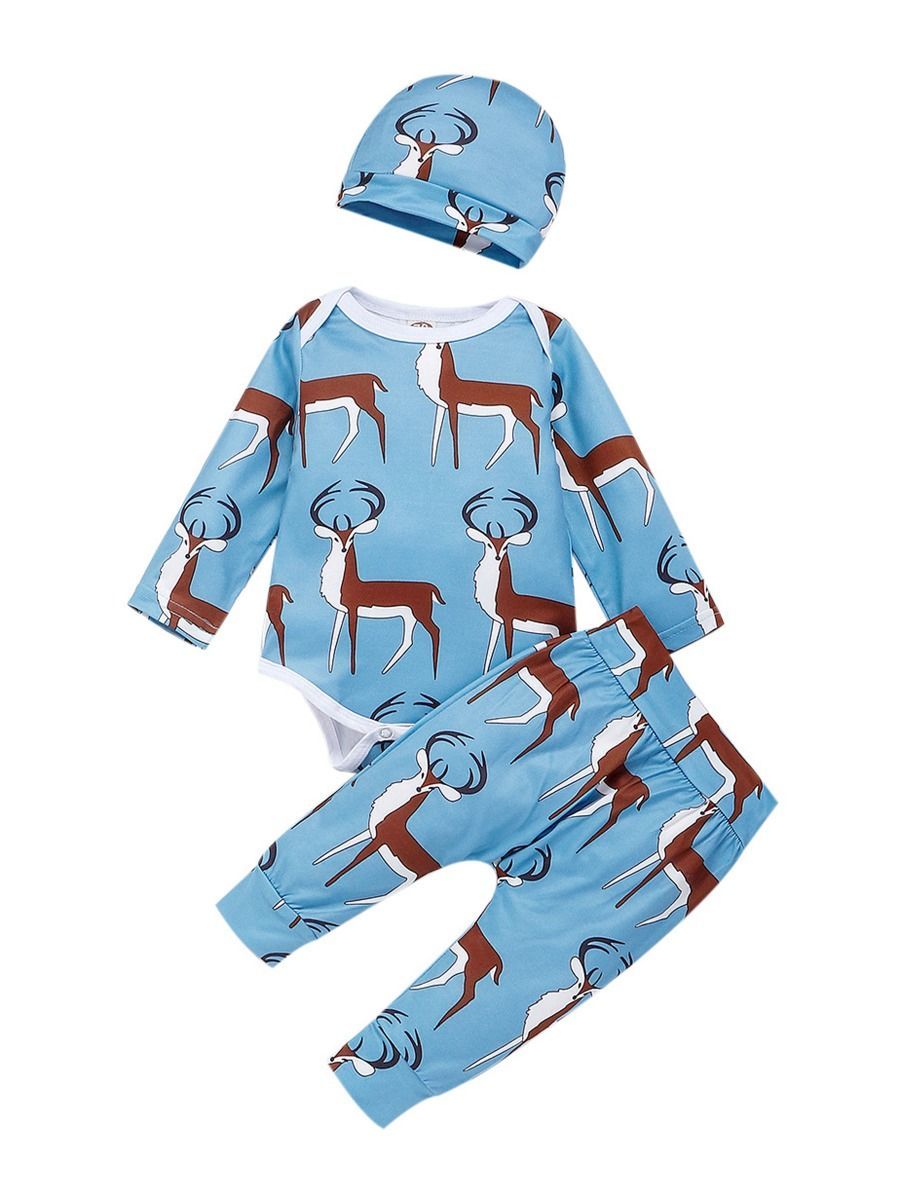 Baby 3-Piece Outfits Goat & Fox Printed Bodysuit+Pants+Hat - dianjiang-