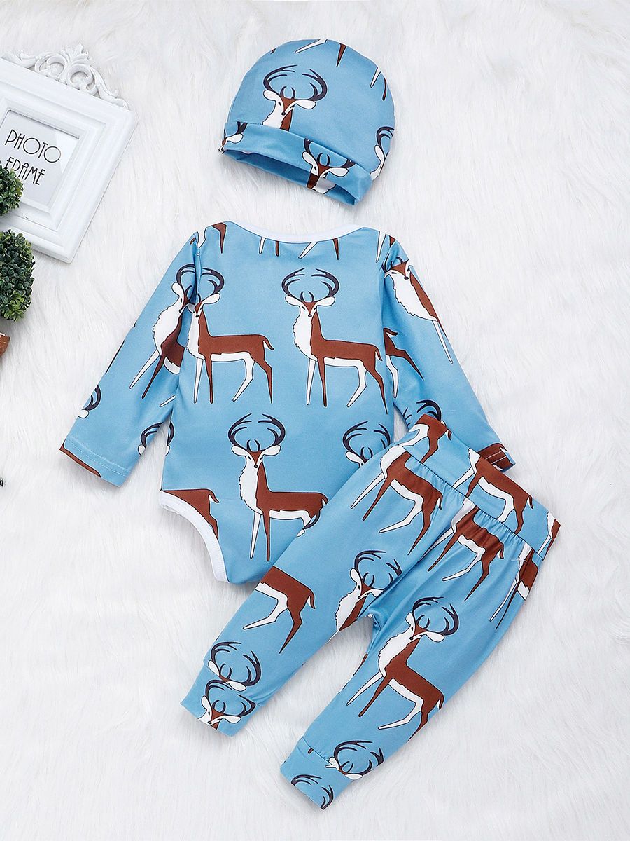 Baby 3-Piece Outfits Goat & Fox Printed Bodysuit+Pants+Hat - dianjiang-