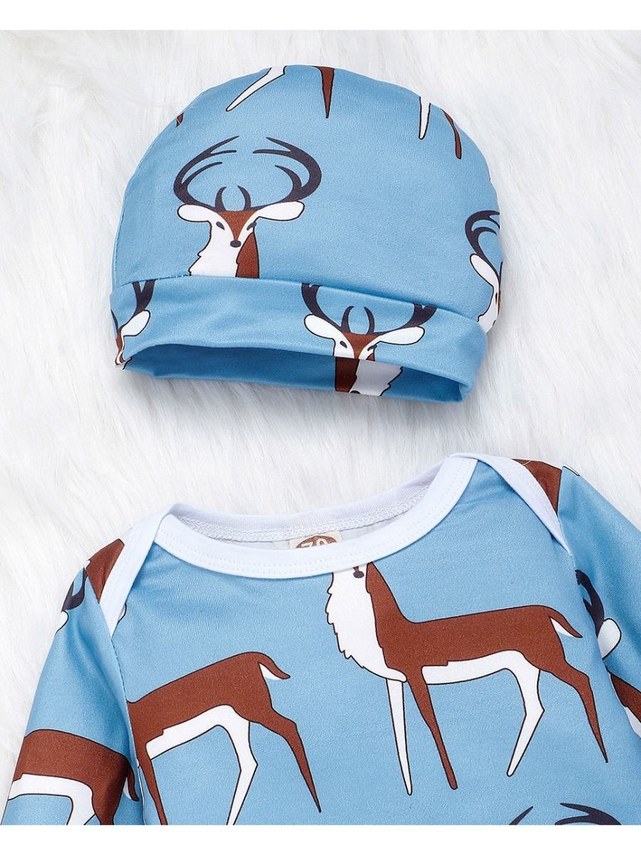 Baby 3-Piece Outfits Goat & Fox Printed Bodysuit+Pants+Hat - dianjiang-