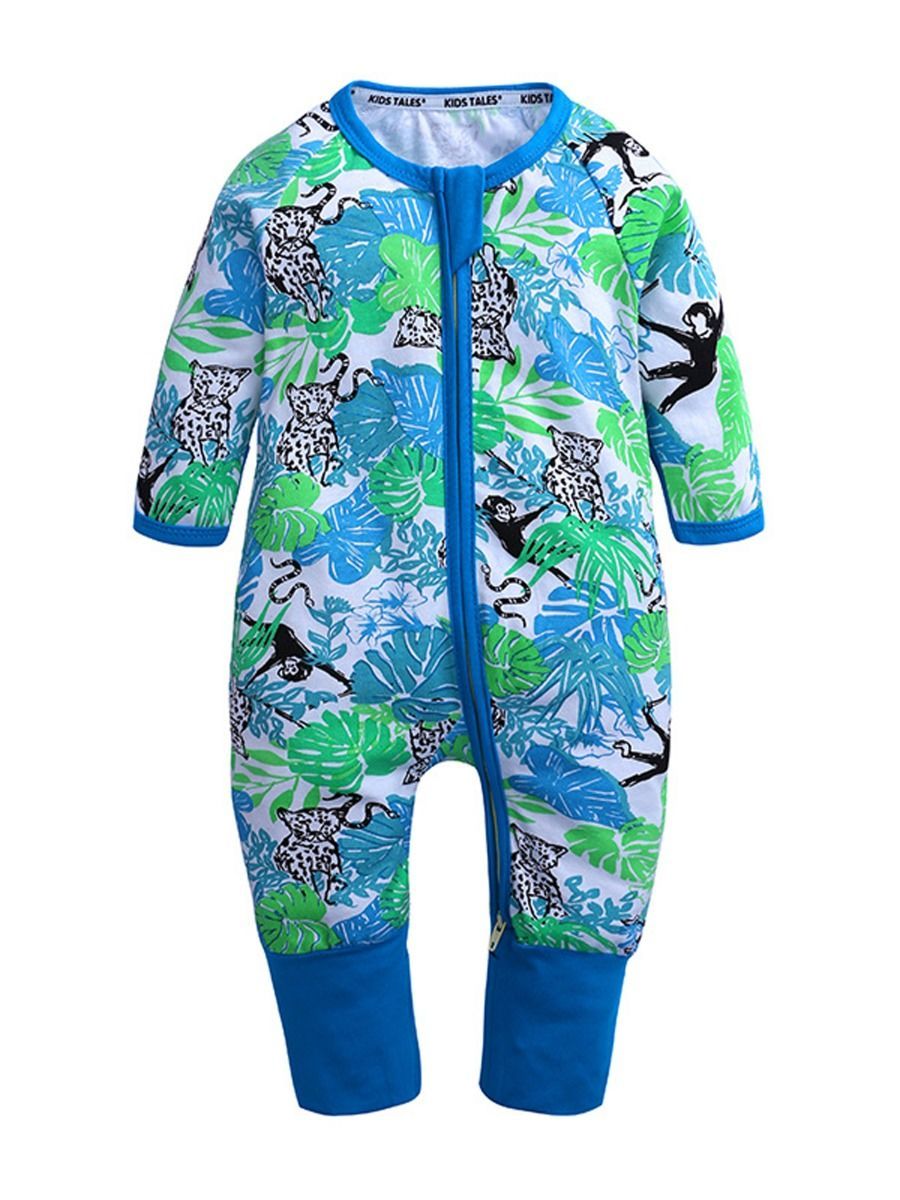 Fall Baby Animal Leaf Print Zipper Overalls - dianjiang-
