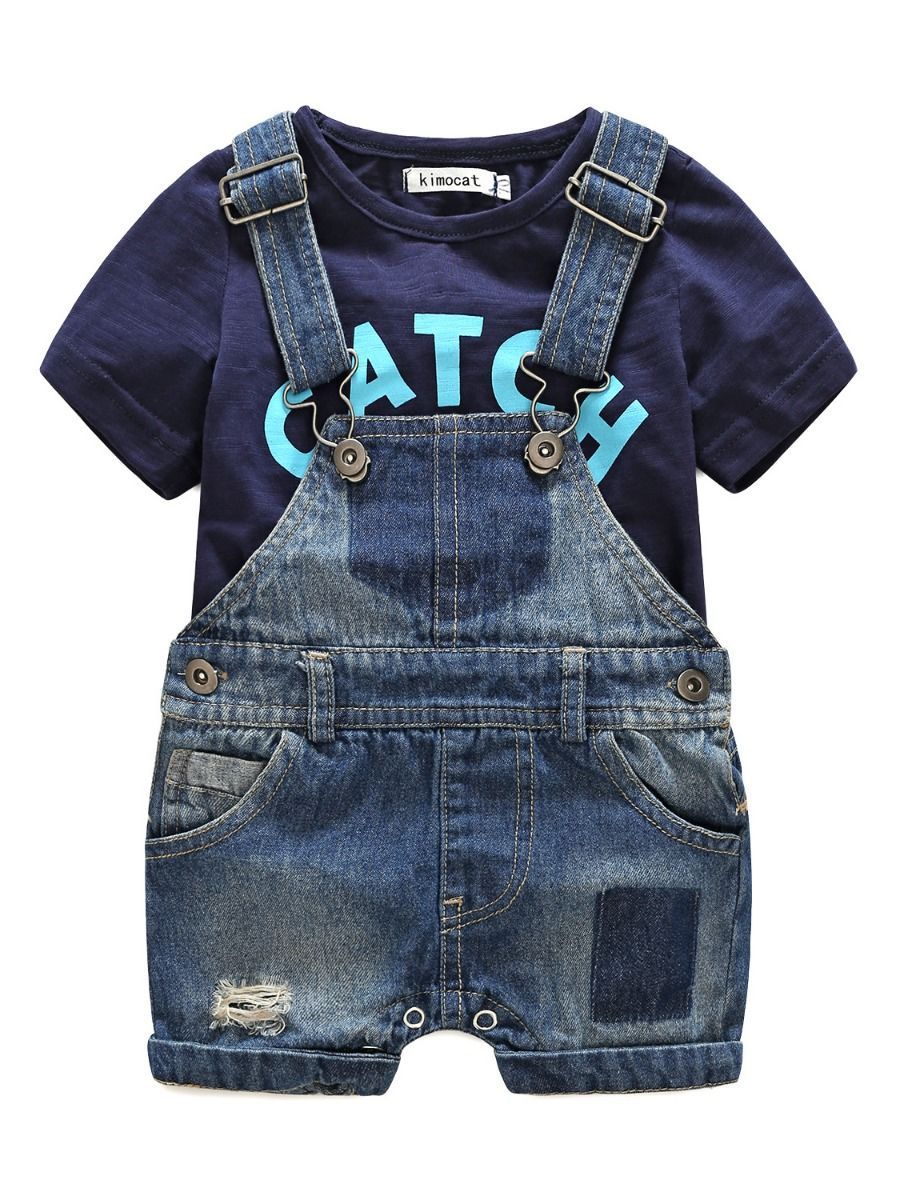 Baby Boy 2-Piece Summer Outfits Deepblue Top+Denim Short Bib Overalls - dianjiang-