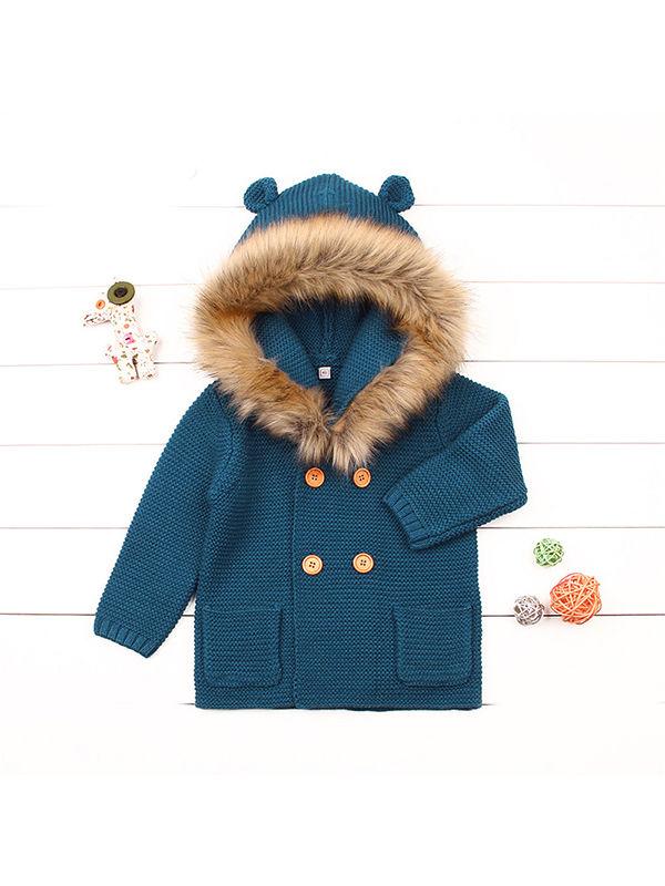 Animal Ears Warm Collar Hoodie Long Sleeve Coats Buttoned Knitted Wear Baby Cardigan - dianjiang-