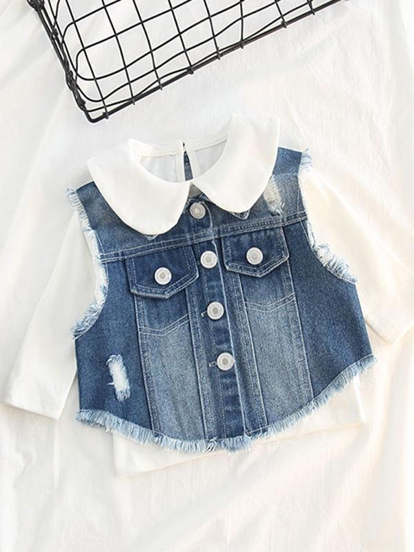 Sleeveless Buttoned Clothes Deep Blue Baby Denim Vest Waistcoat Top - dianjiang-
