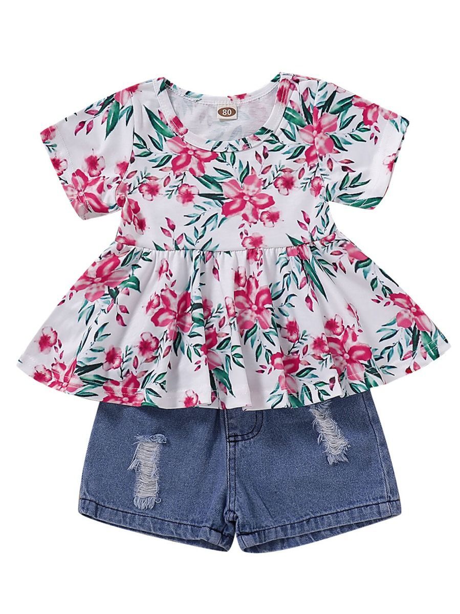 Baby Girl 2-Piece Outfit Flower Tunic Matching Ripped Short Jeans - dianjiang-