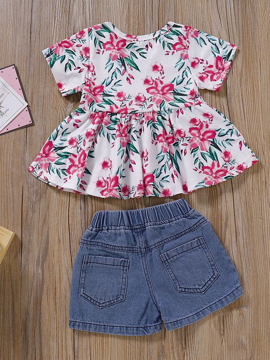 Baby Girl 2-Piece Outfit Flower Tunic Matching Ripped Short Jeans - dianjiang-