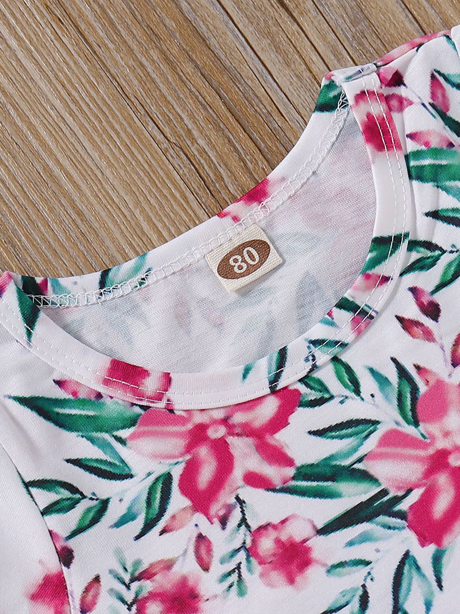 Baby Girl 2-Piece Outfit Flower Tunic Matching Ripped Short Jeans - dianjiang-