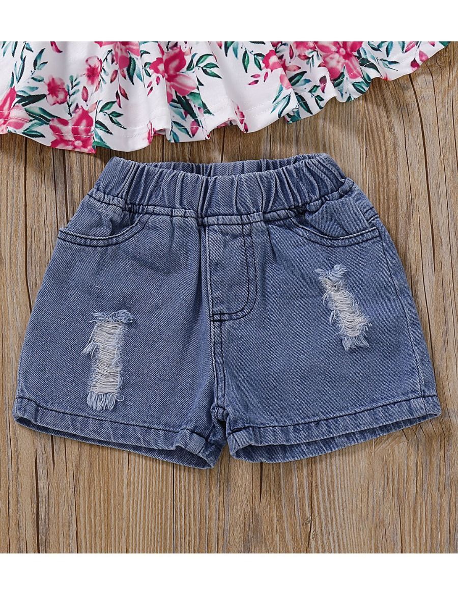 Baby Girl 2-Piece Outfit Flower Tunic Matching Ripped Short Jeans - dianjiang-