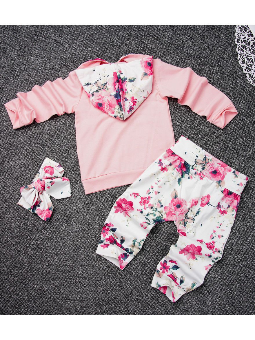 Baby Girl 3-Piece Floral Causal Hoodie Matching Pull-on Pants+Headband - dianjiang-