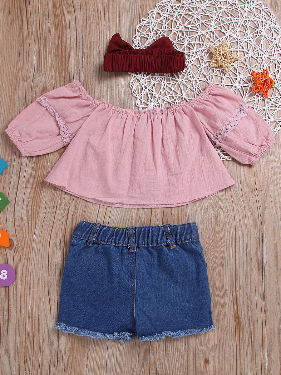 3-piece Casual Clothes Outfits Set Pink Lace-trimmed Shirt Top+ Fringe Hem Ripped Denim Shorts+Red Bow Headband - dianjiang-