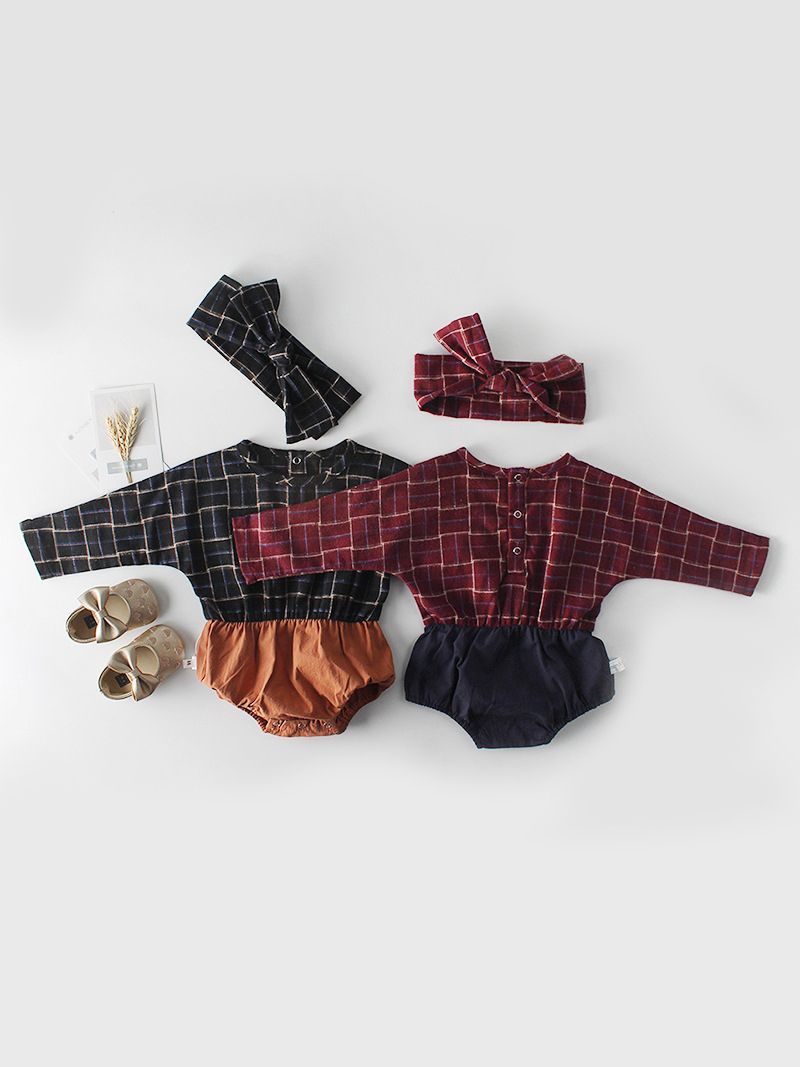 Baby Girl Checked Patchwork Romper with Bow Headband - dianjiang-