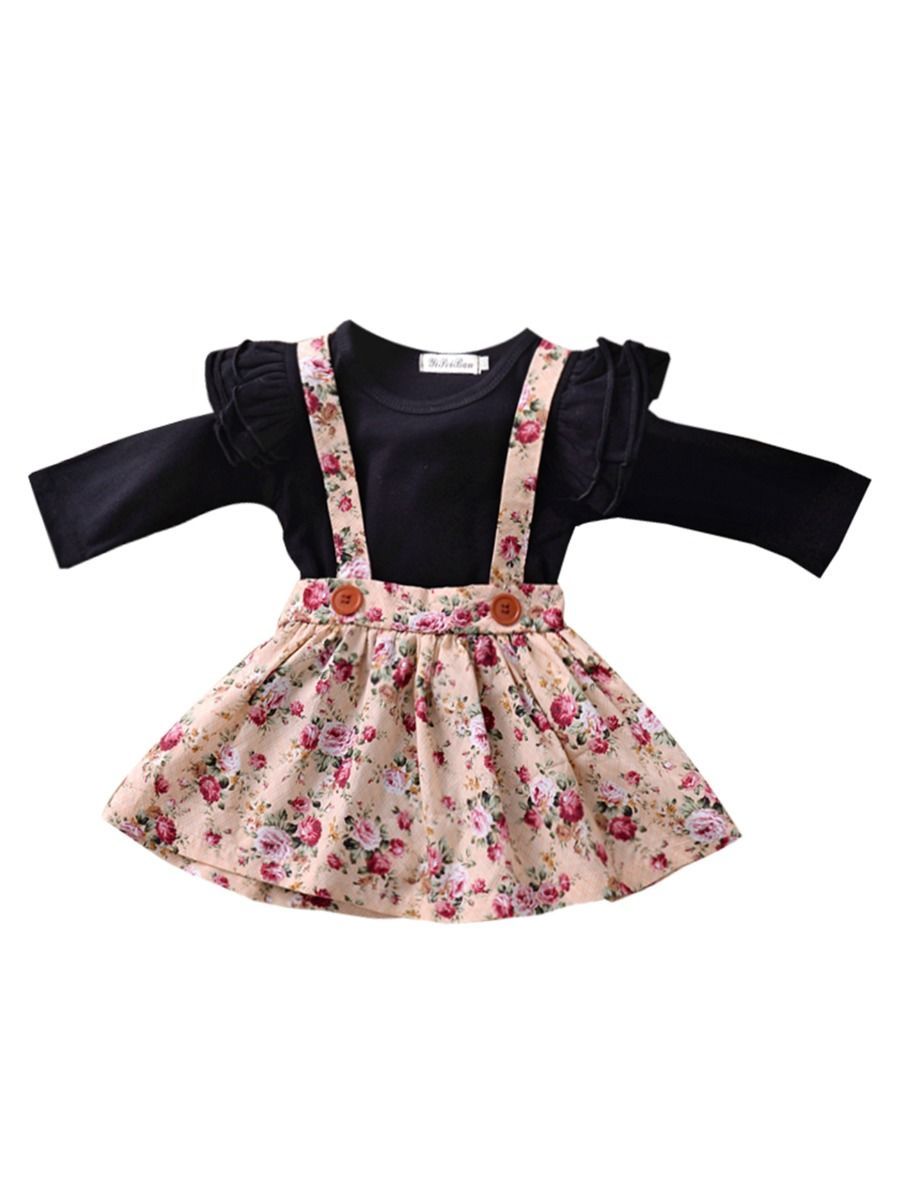 Multi-colored 2-Piece Autumn Baby Girl Clothes Outfit Butterfly Sleeve Romper + Flower Suspender Skirt - dianjiang-