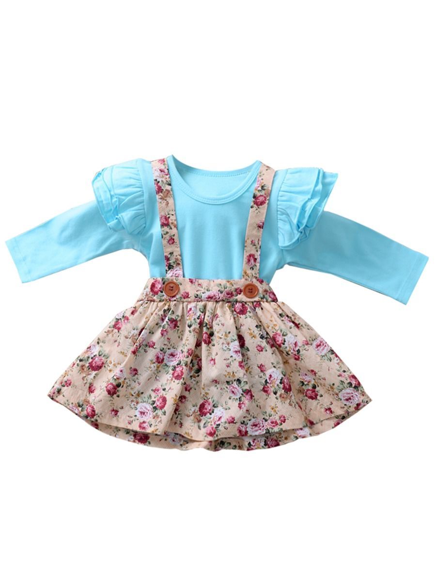 Multi-colored 2-Piece Autumn Baby Girl Clothes Outfit Butterfly Sleeve Romper + Flower Suspender Skirt - dianjiang-