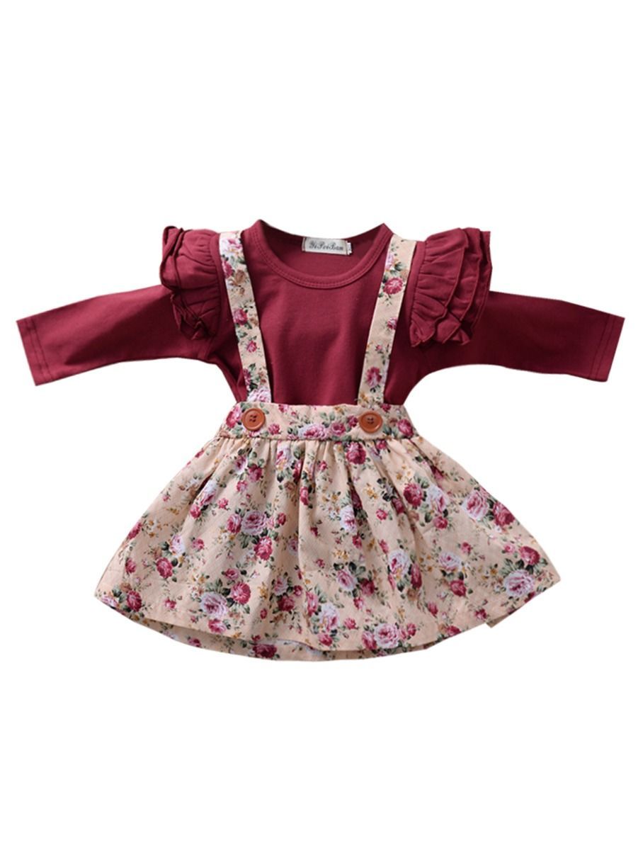 Multi-colored 2-Piece Autumn Baby Girl Clothes Outfit Butterfly Sleeve Romper + Flower Suspender Skirt - dianjiang-