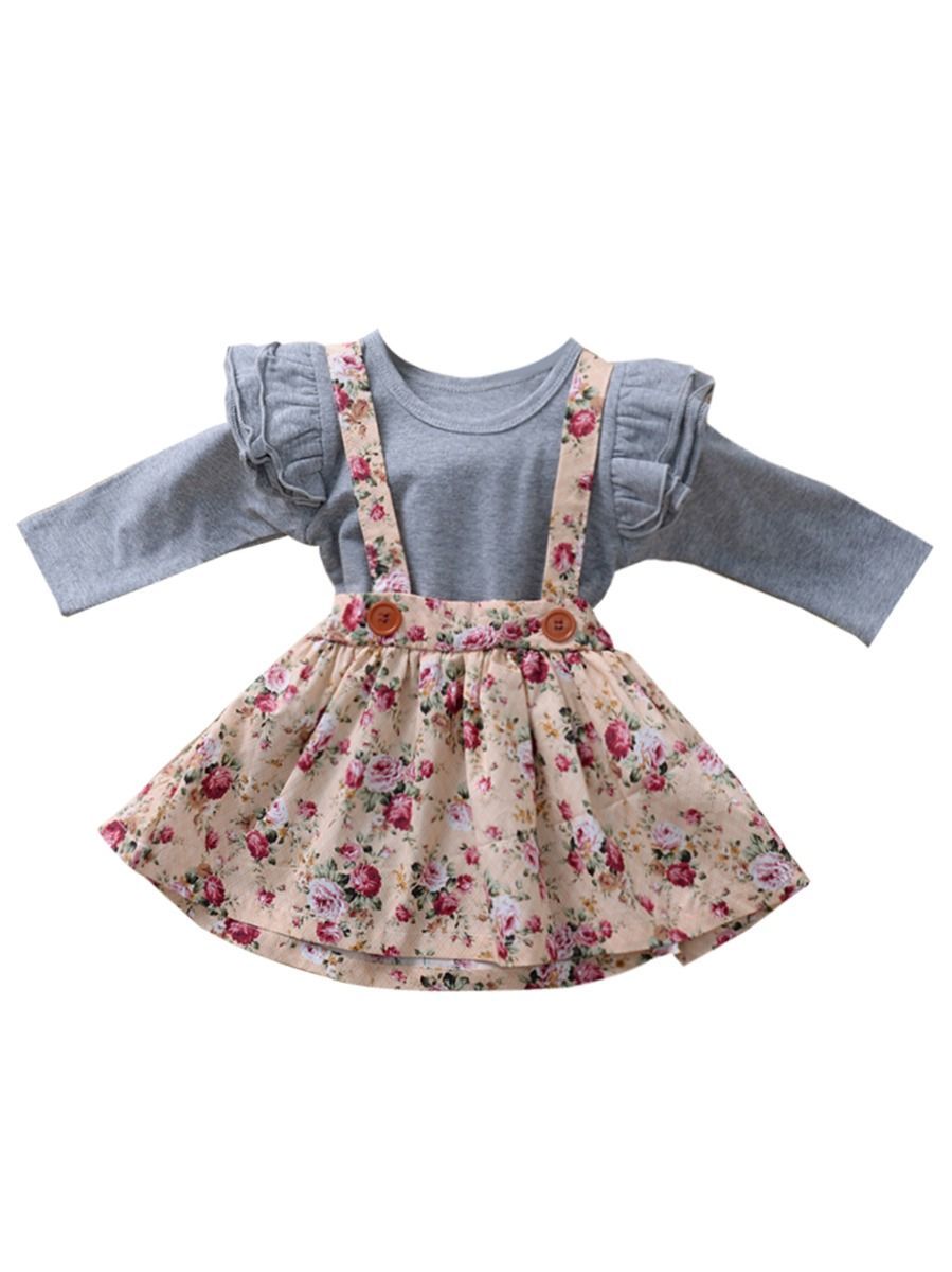 Multi-colored 2-Piece Autumn Baby Girl Clothes Outfit Butterfly Sleeve Romper + Flower Suspender Skirt - dianjiang-