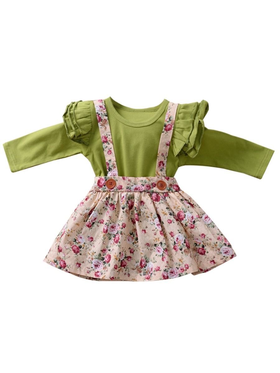 Multi-colored 2-Piece Autumn Baby Girl Clothes Outfit Butterfly Sleeve Romper + Flower Suspender Skirt - dianjiang-