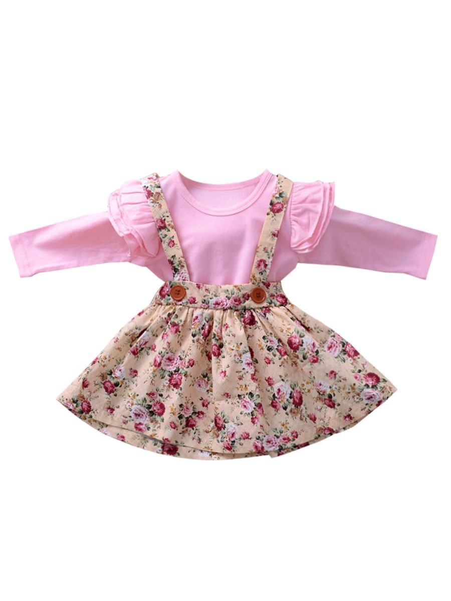 Multi-colored 2-Piece Autumn Baby Girl Clothes Outfit Butterfly Sleeve Romper + Flower Suspender Skirt - dianjiang-