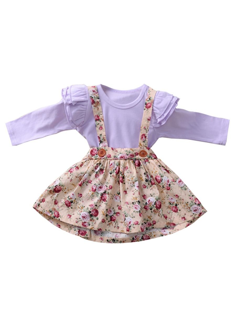Multi-colored 2-Piece Autumn Baby Girl Clothes Outfit Butterfly Sleeve Romper + Flower Suspender Skirt - dianjiang-
