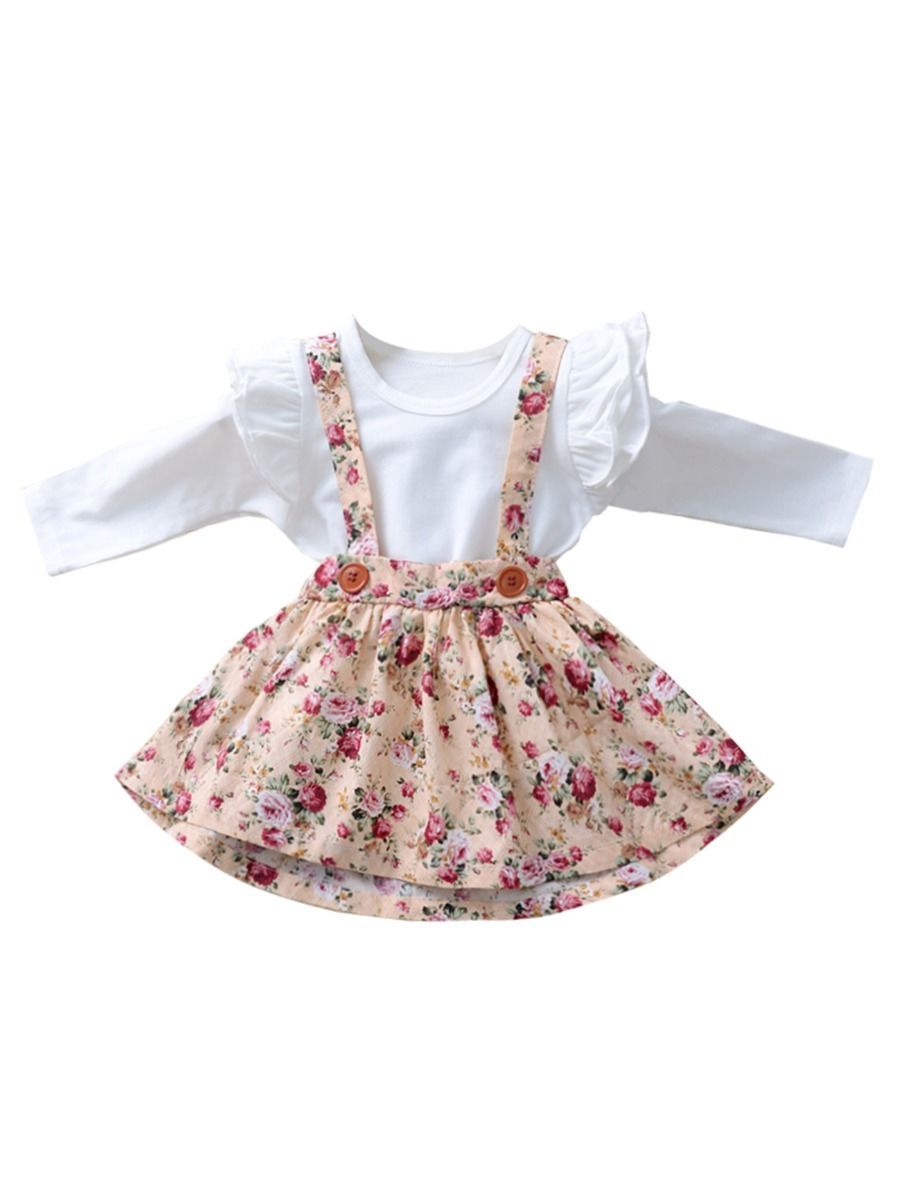 Multi-colored 2-Piece Autumn Baby Girl Clothes Outfit Butterfly Sleeve Romper + Flower Suspender Skirt - dianjiang-